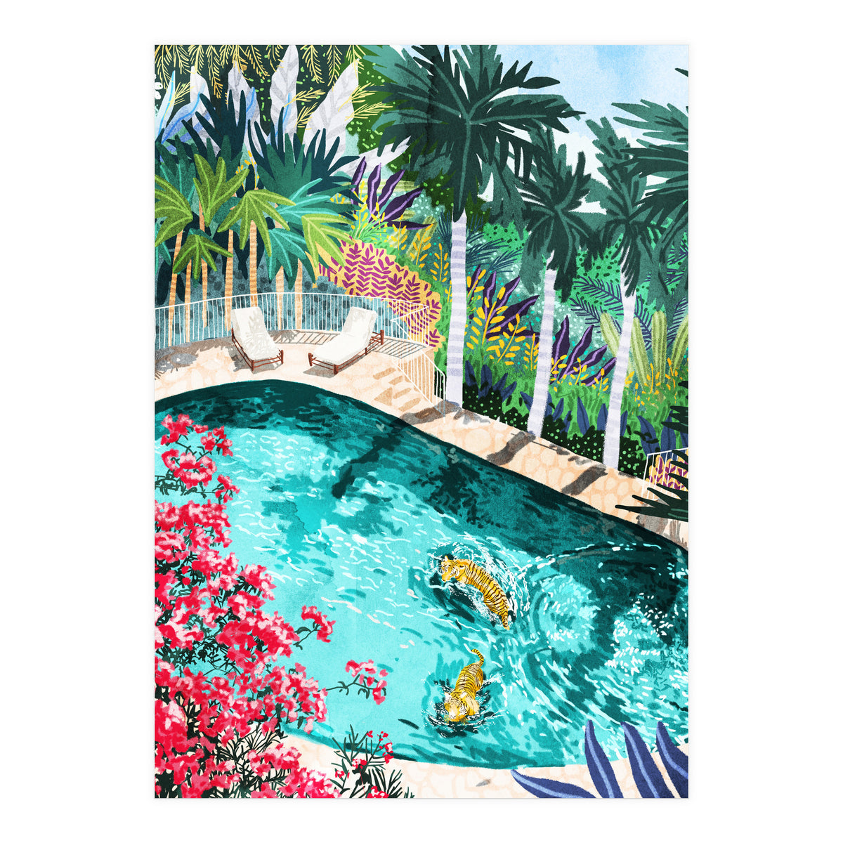 Luxury Tiger Villa illustration, Architecture Travel Nature Painting, Hotel Landscape Garden (Print Only)