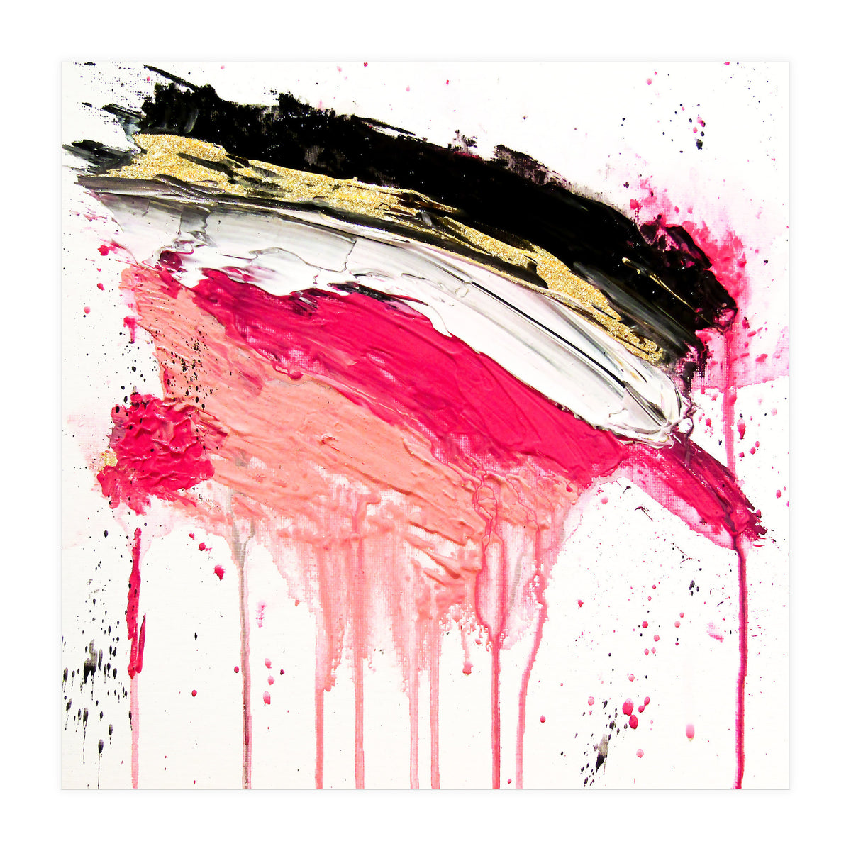 Modern Abstract Pink Black Gold Brushstrokes Splatters Acrylic (Print Only)