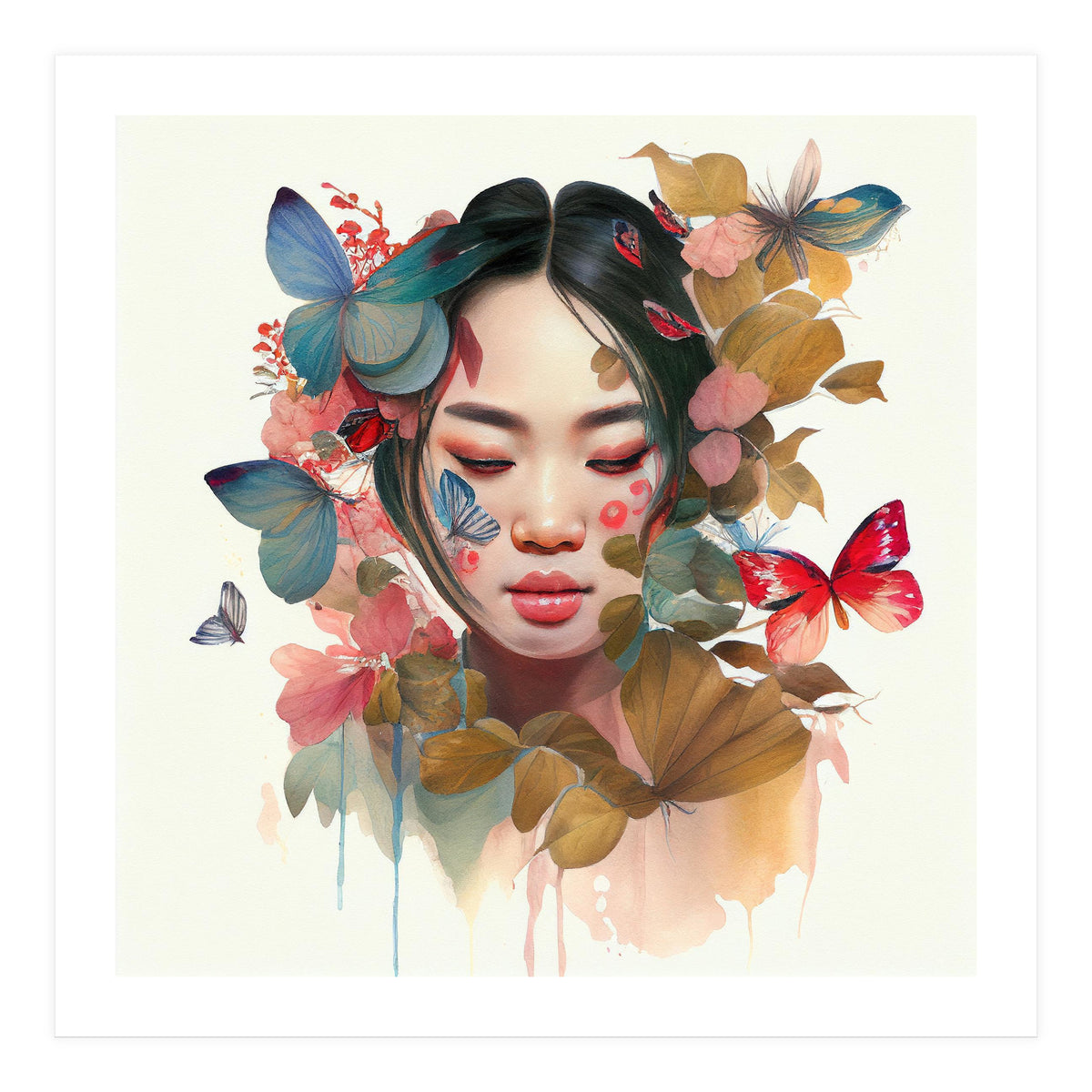 Watercolor Floral Asian Woman #9 (Print Only)