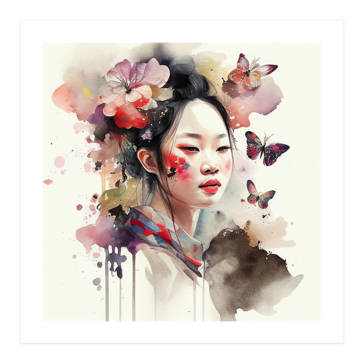 Watercolor Floral Asian Woman #2 (Print Only)