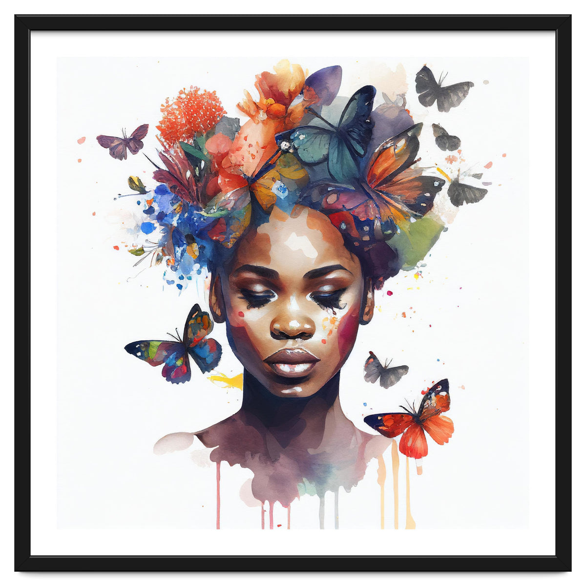 Watercolor Butterfly African Woman #4