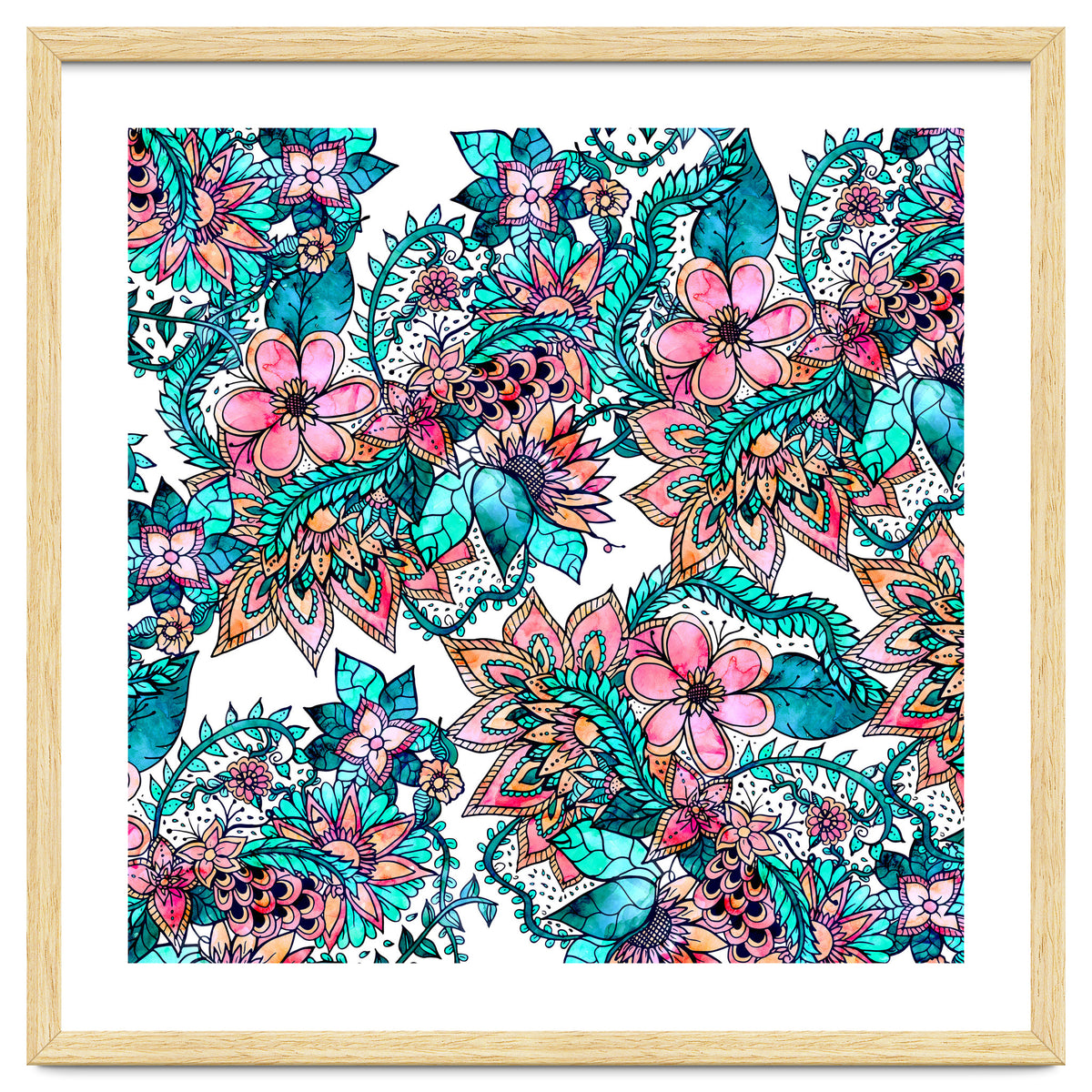 Boho turquoise pink floral watercolor illustration