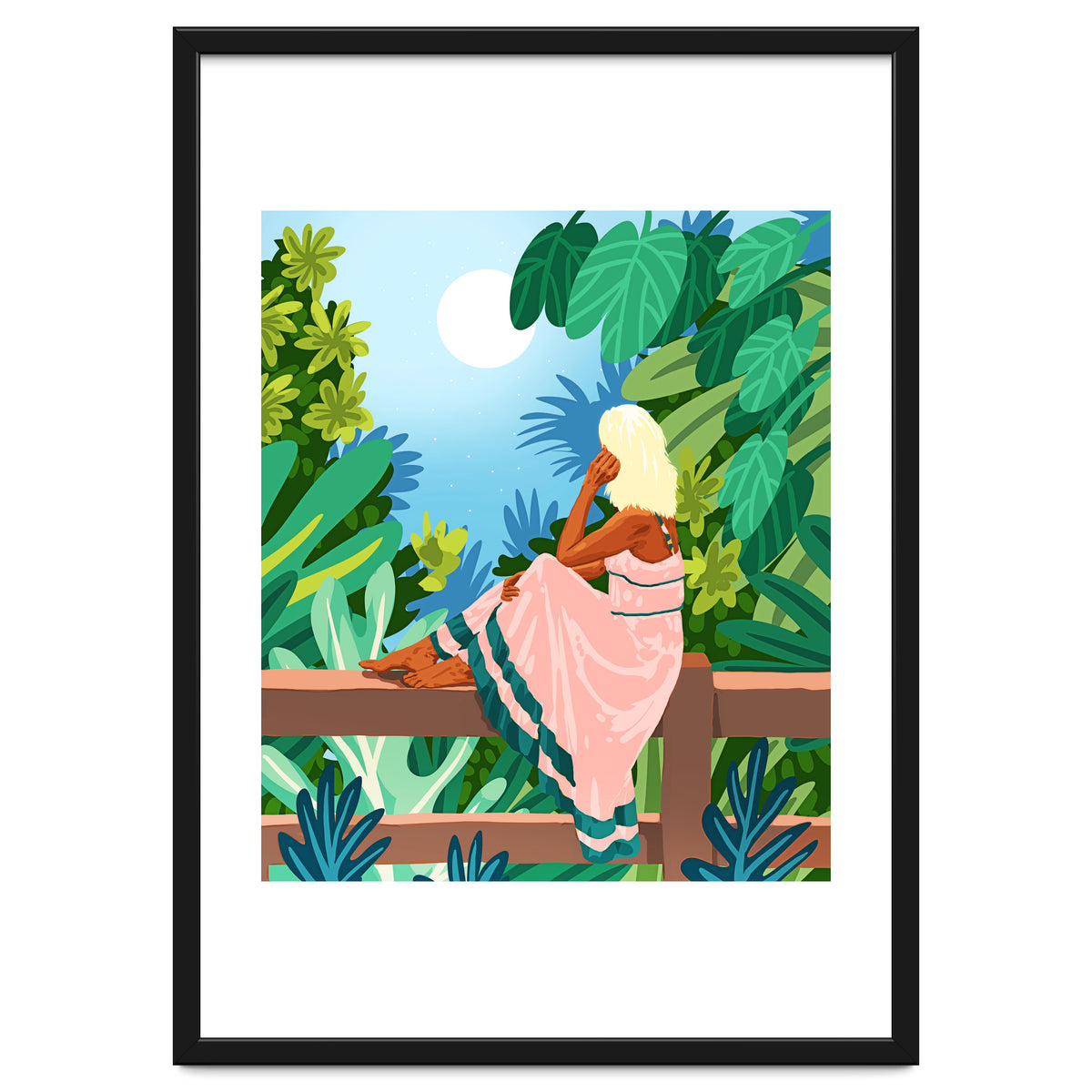 Forest Moon, Bohemian Woman Jungle Nature Tropical Colorful Travel Fashion Illustration