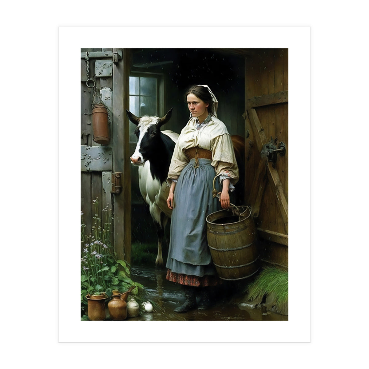 Farm Girl and Cow in Barn Oil Painting (Print Only)