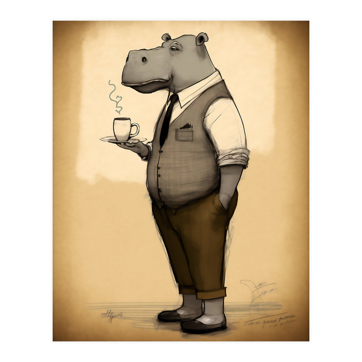 Hippo Hipster Fashion Sketch (Print Only)