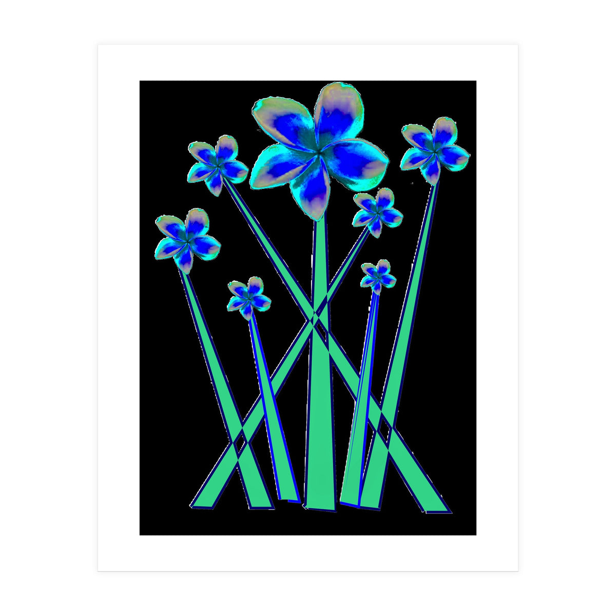 Blue flowers on black. (Print Only)