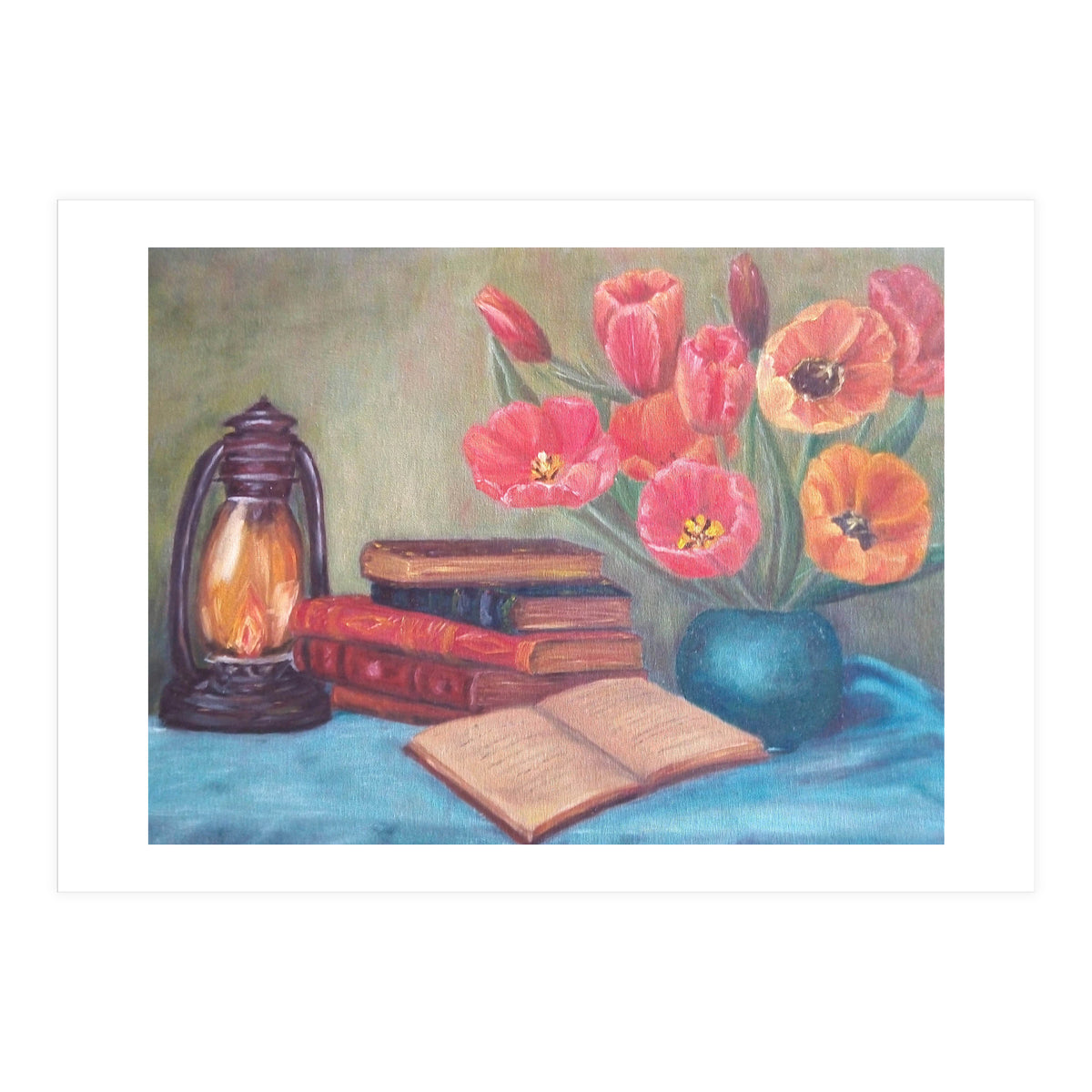Still life with tulips, books and an old lamp. (Print Only)