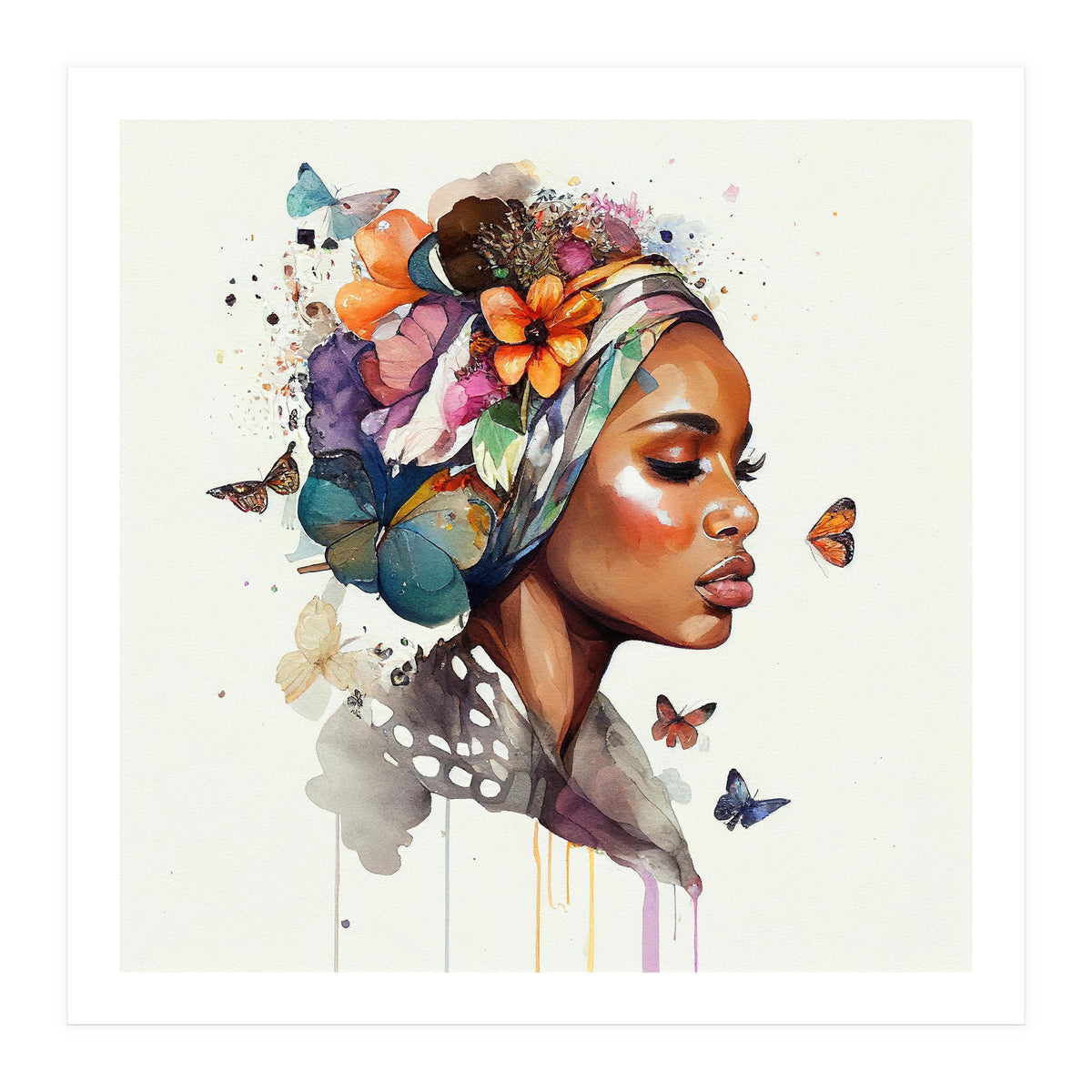 Watercolor Floral Muslim African Woman #3 (Print Only)