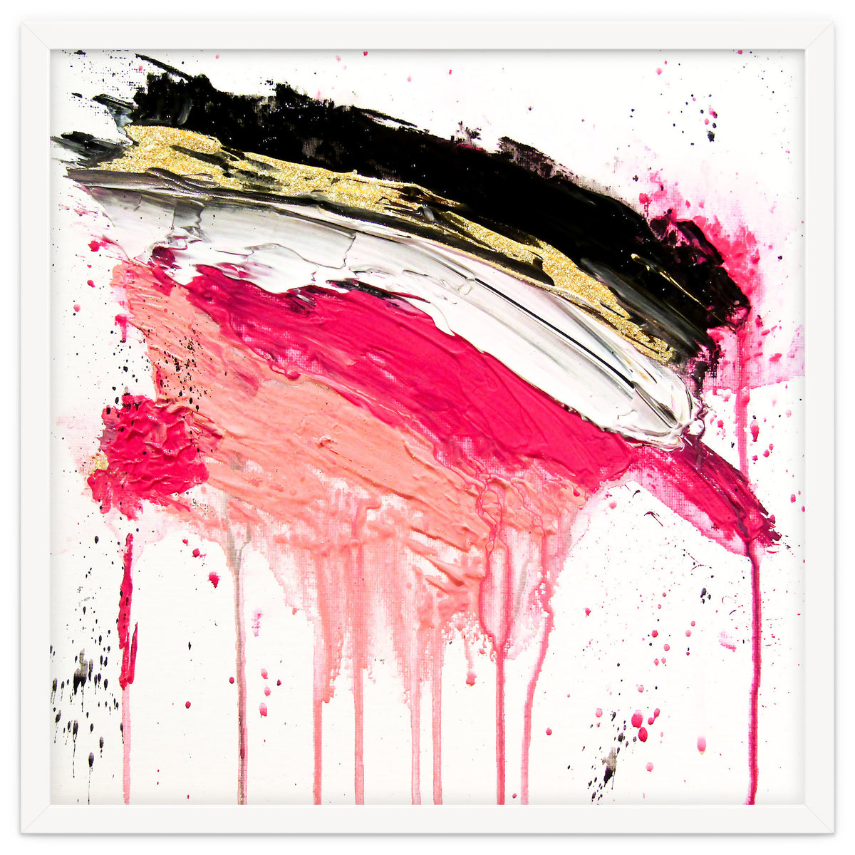 Modern Abstract Pink Black Gold Brushstrokes Splatters Acrylic