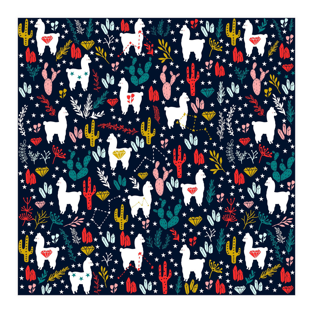 Cute Alpaca Pattern with Cacti, Stars and Crystals (Print Only)
