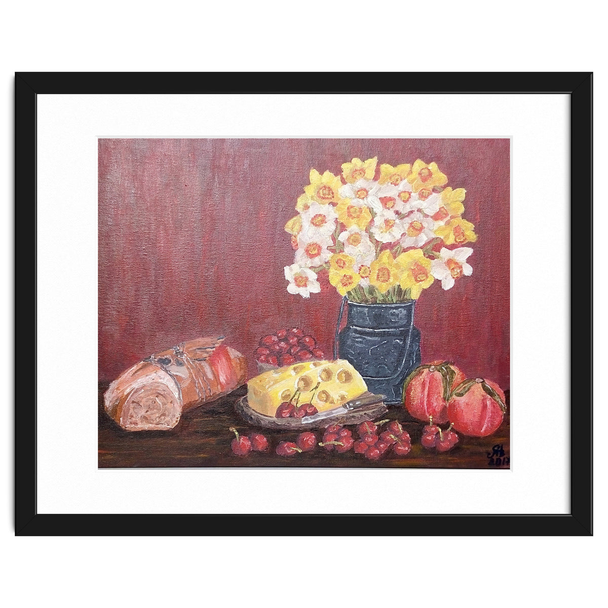 Still life with cheese, daffodils on a red background.