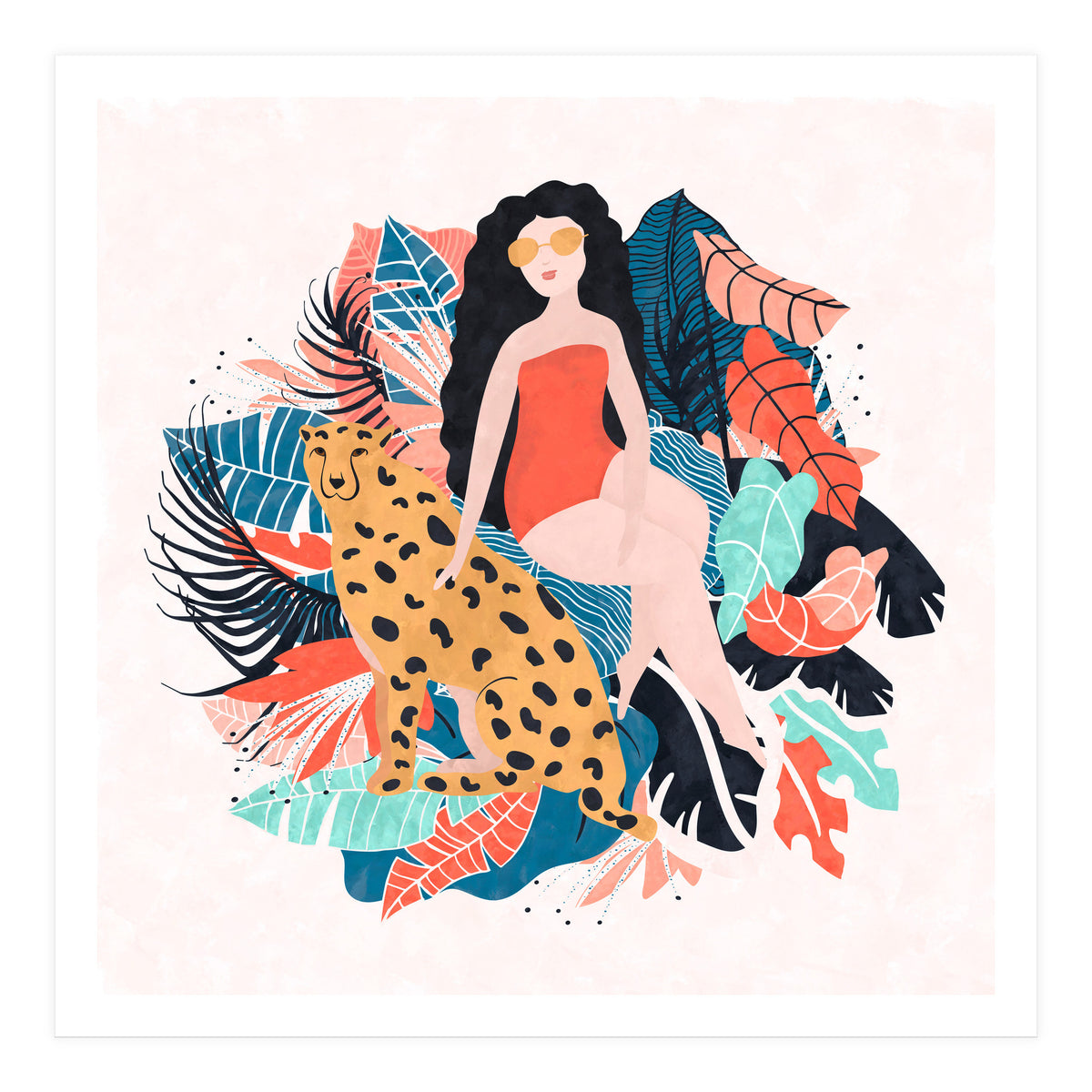 Black Hair Tropical Girl With Cheetah (Print Only)