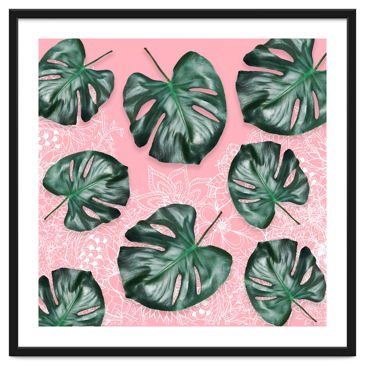 Modern 3d green tropical monstera leaf photo on blush pink white floral illustration