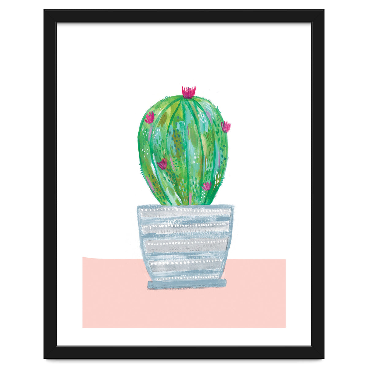 Painted Cactus In Blue Stripe Plant Pot