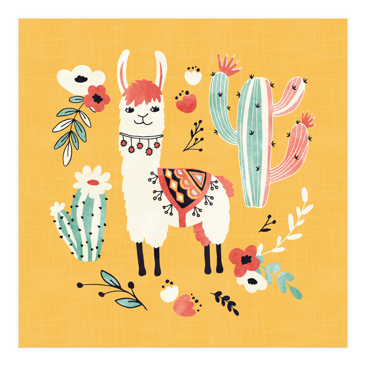 White Llama With Flowers (Print Only)