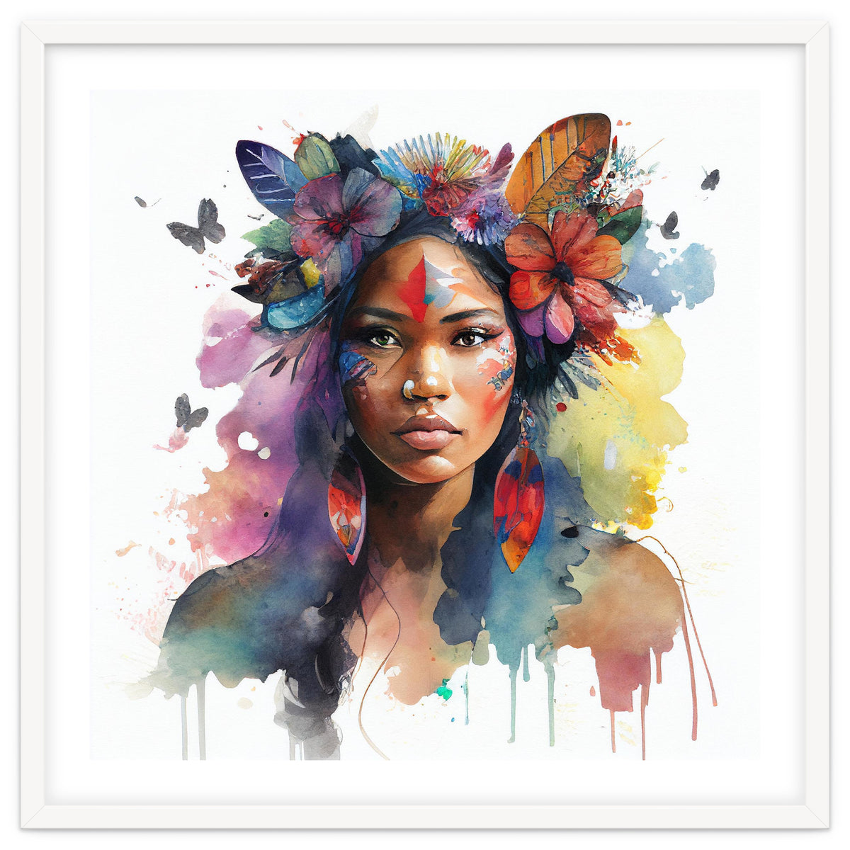 Watercolor Floral Indian Native Woman #1