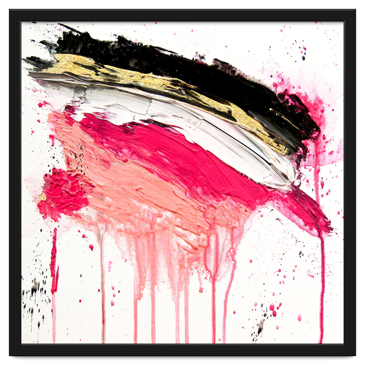 Modern Abstract Pink Black Gold Brushstrokes Splatters Acrylic