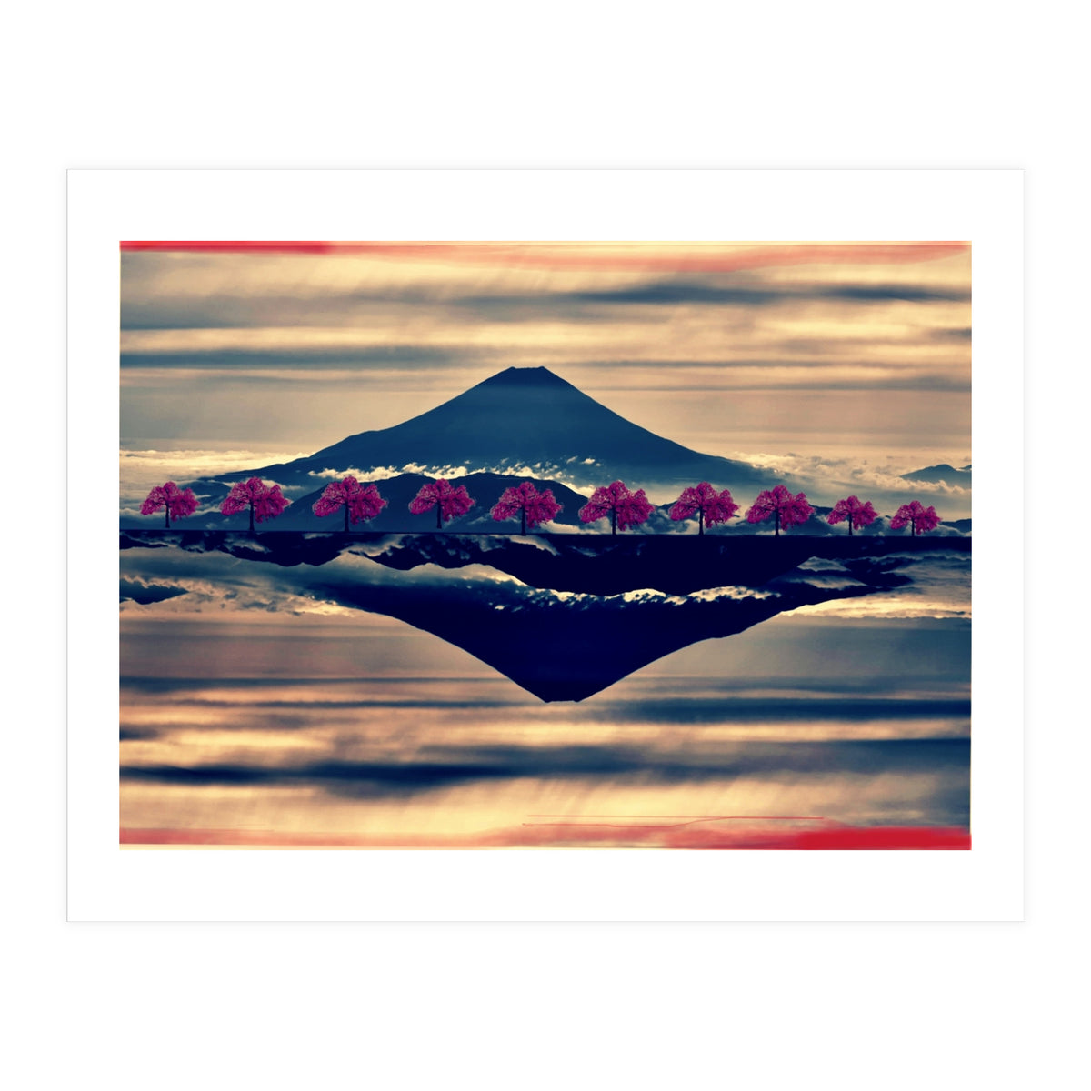 Reflection on Mount Fuji with cherry trees. (Print Only)