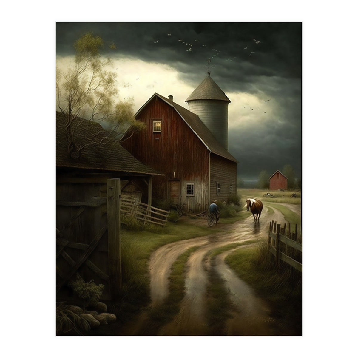 19th Century Farm Scene Oil Painting (Print Only)
