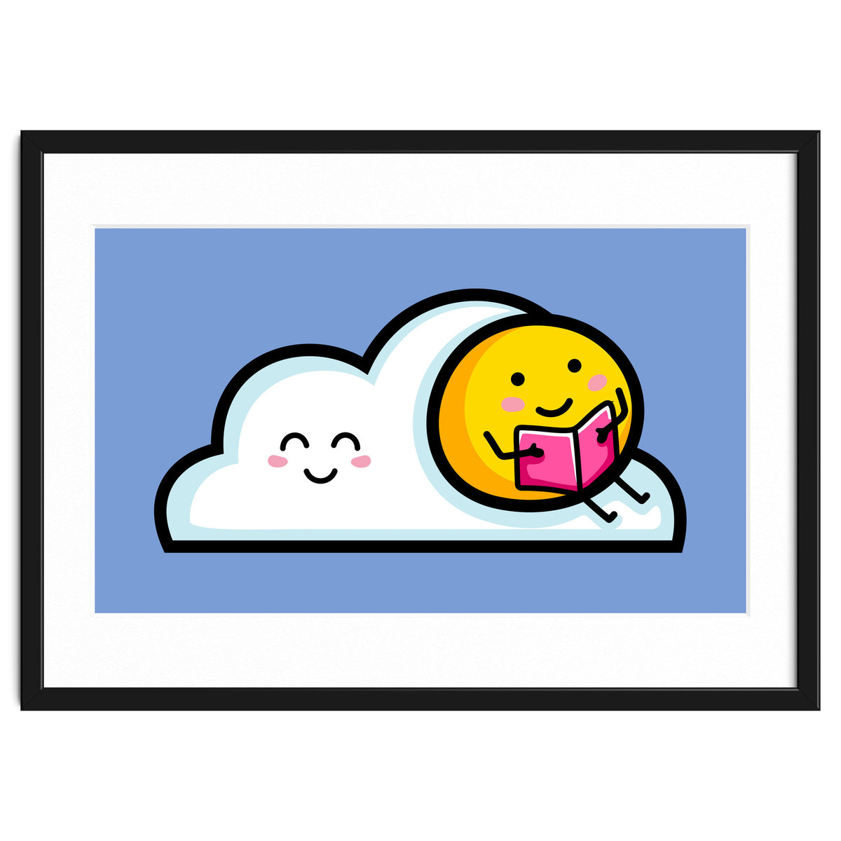 Kawaii Cute Sun Reading A Book On A Cloud