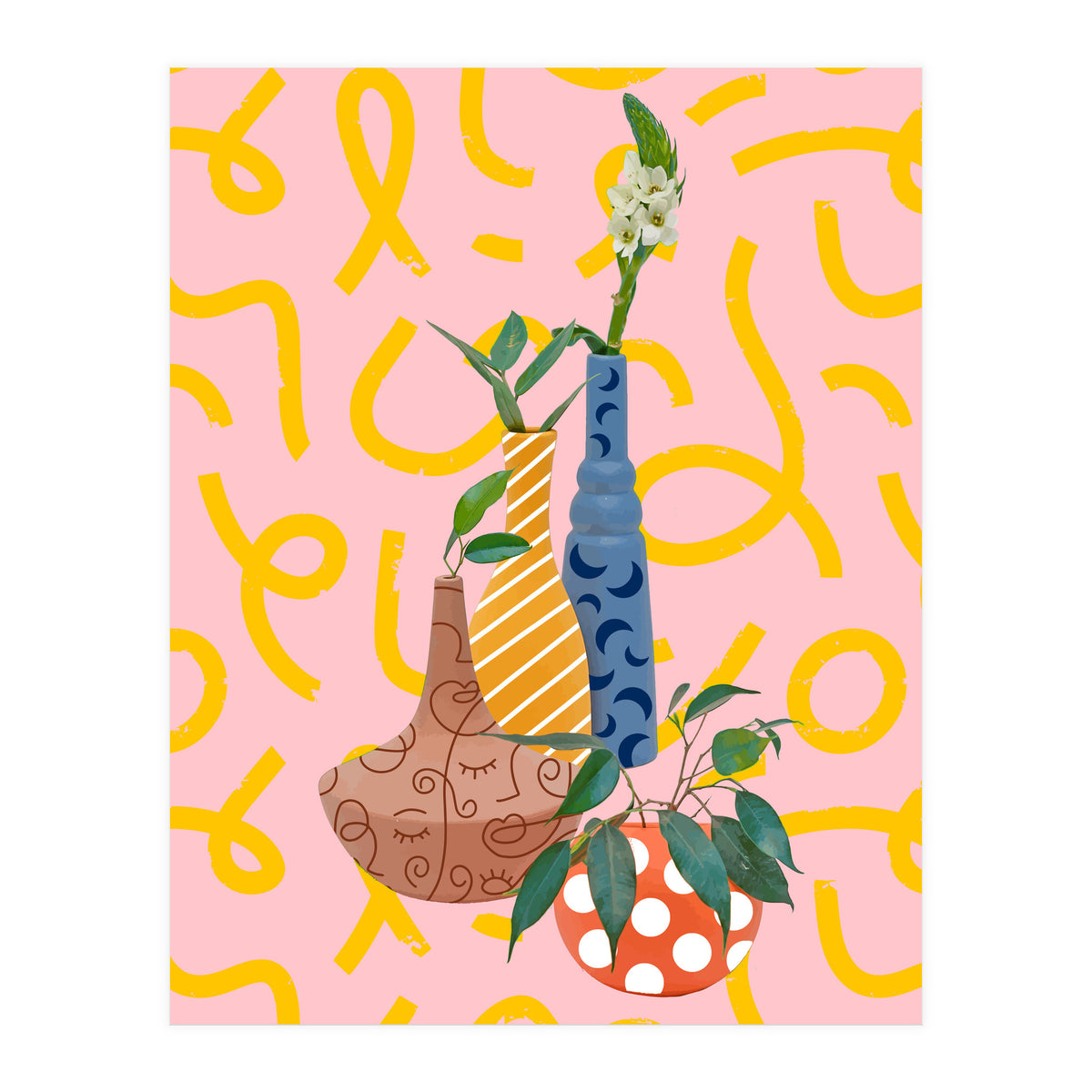 Modern Botanicals, Abstract Plant Pots, Quirky Nature Bohemian, Contemporary Decor (Print Only)