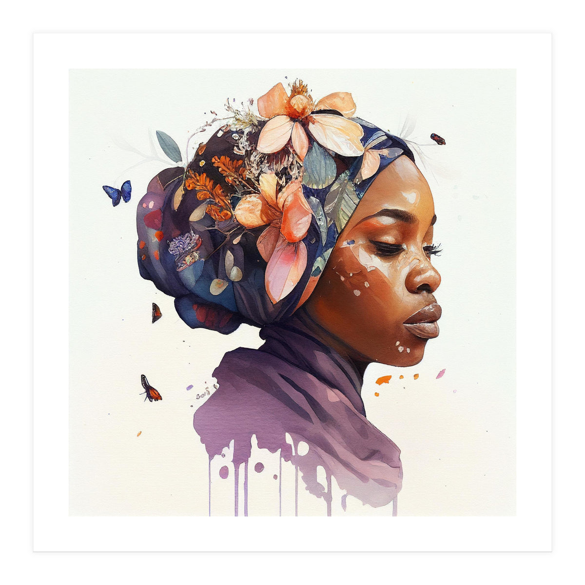 Watercolor Floral Muslim African Woman #4 (Print Only)