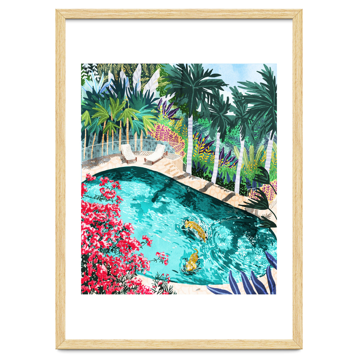 Luxury Tiger Villa illustration, Architecture Travel Nature Painting, Hotel Landscape Garden