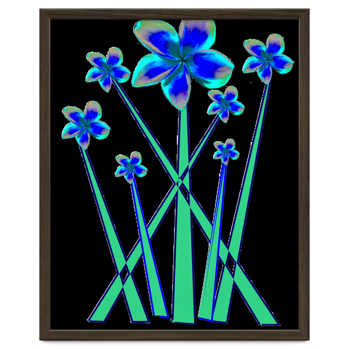 Blue flowers on black.