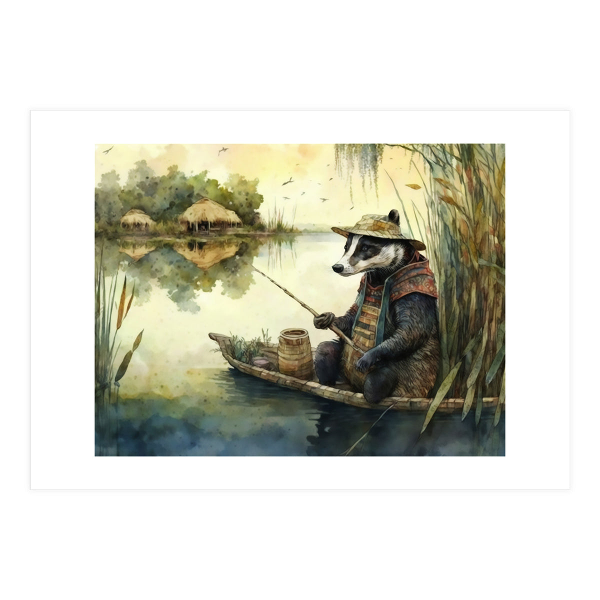 Badger Fishing Watercolor Painting (Print Only)