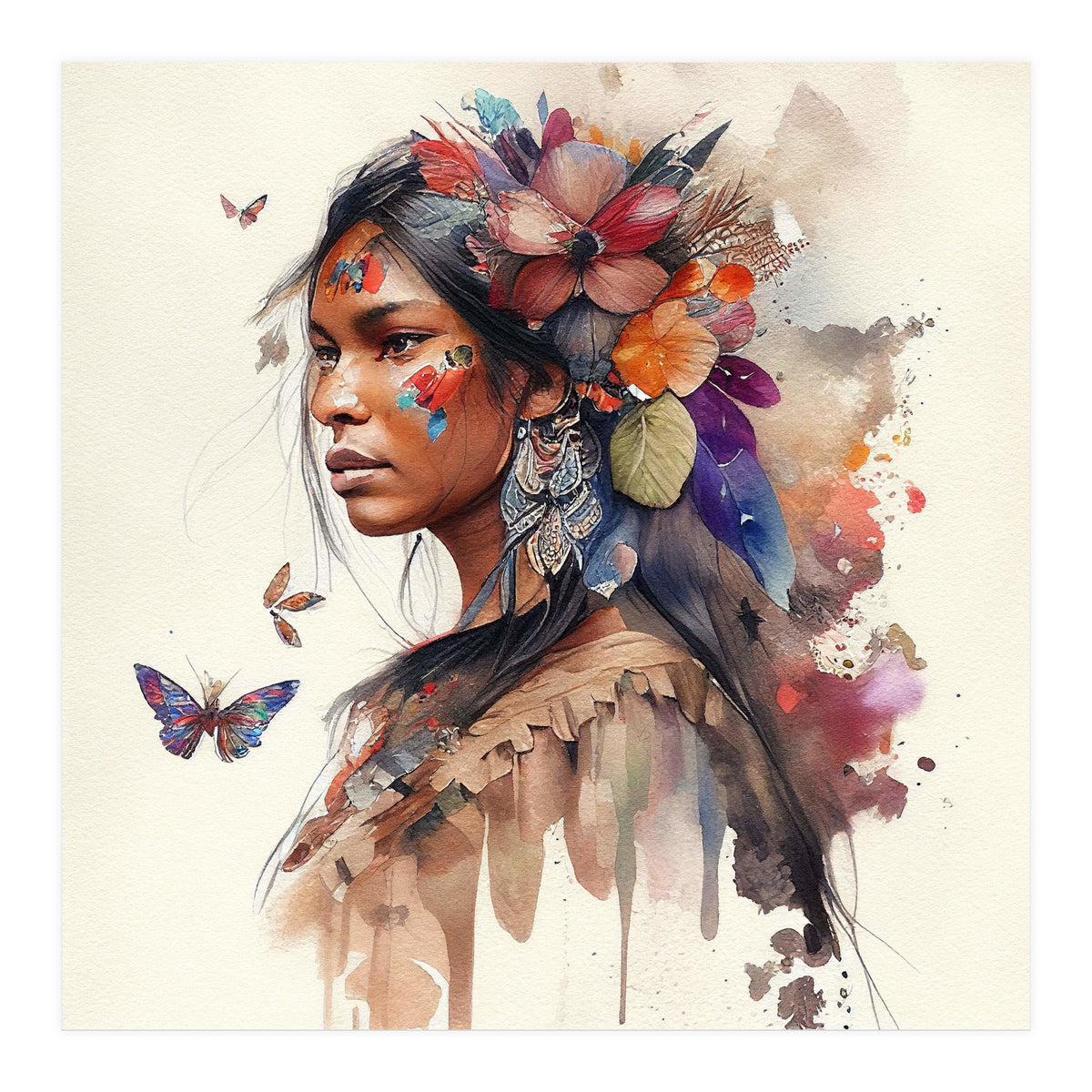 Watercolor Floral Indian Native Woman #9 (Print Only)