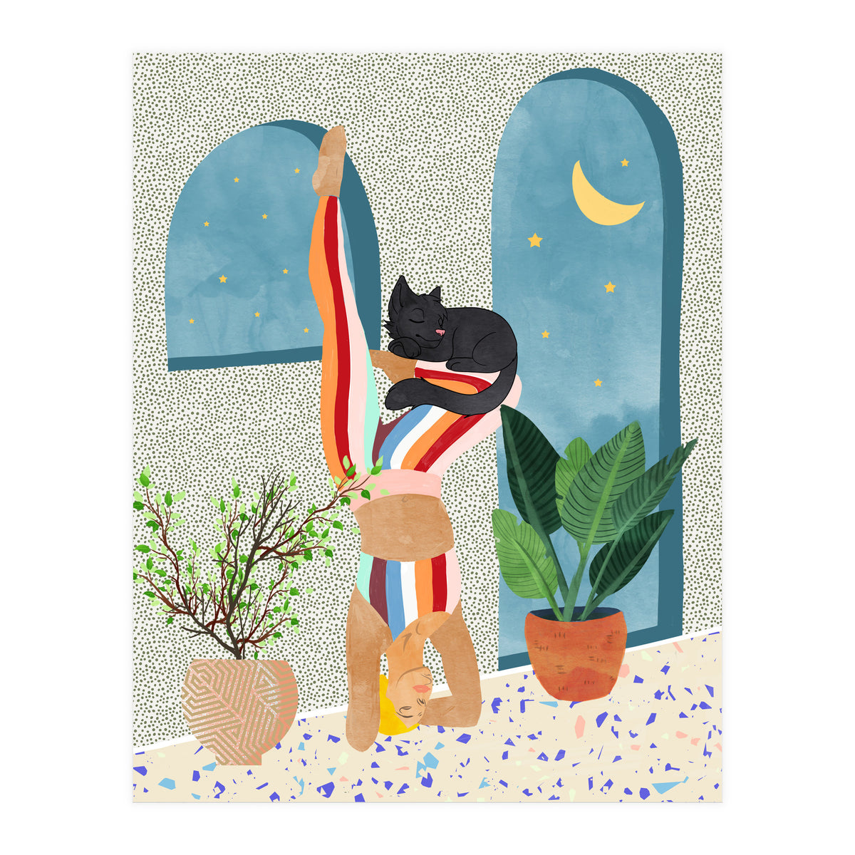 Headstand, Cat Yoga, Active Woman Workout, Eclectic Colorful Pets Terrazzo (Print Only)