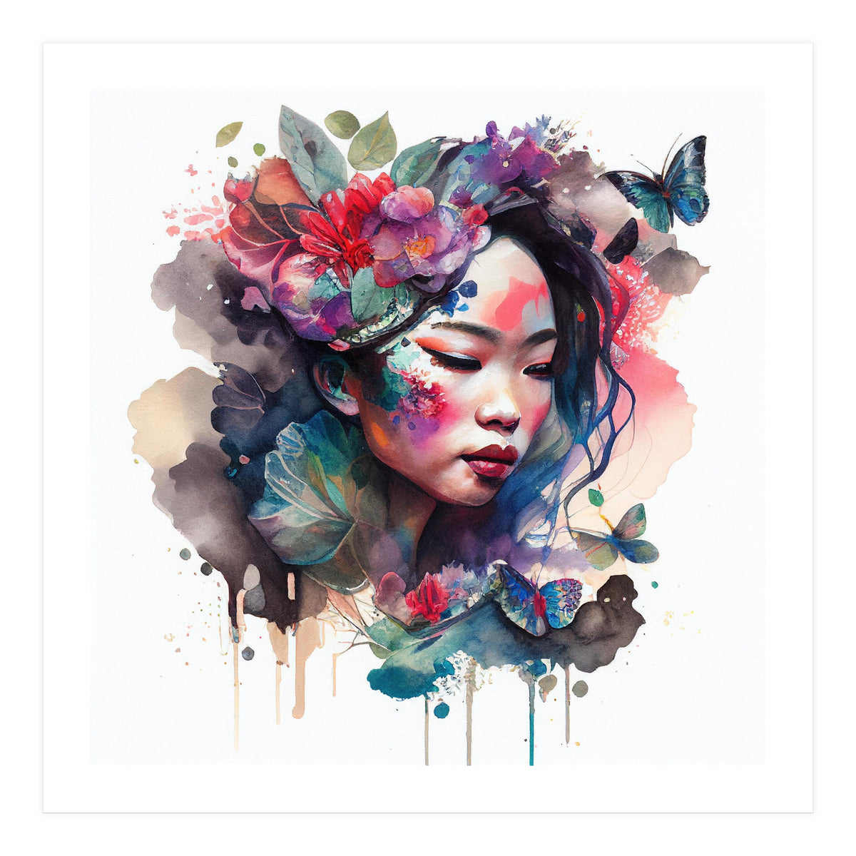 Watercolor Floral Asian Woman #10 (Print Only)
