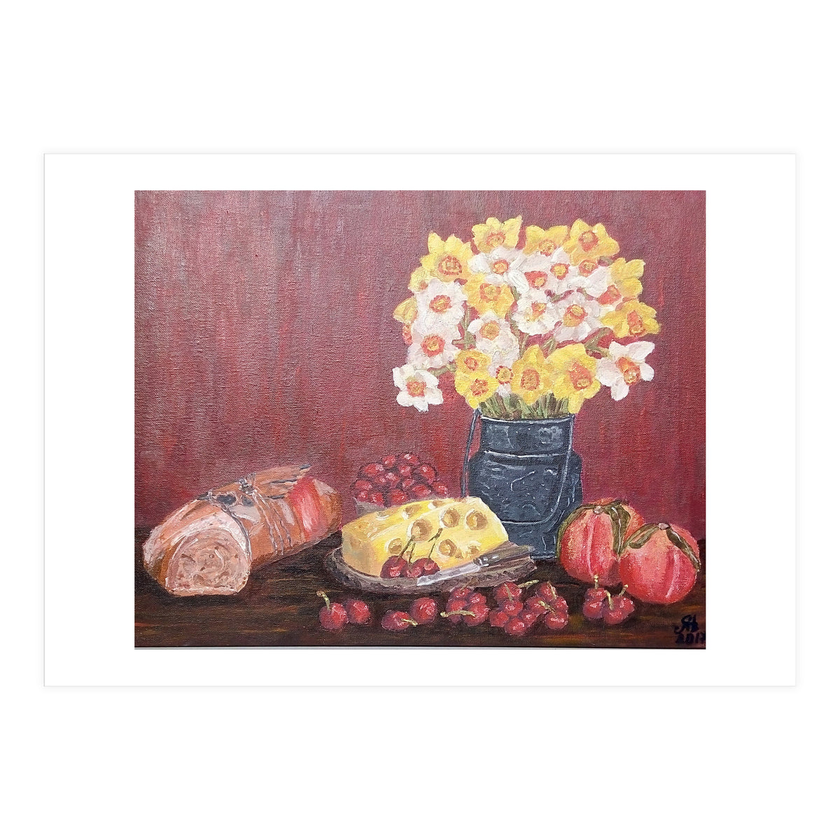 Still life with cheese, daffodils on a red background. (Print Only)