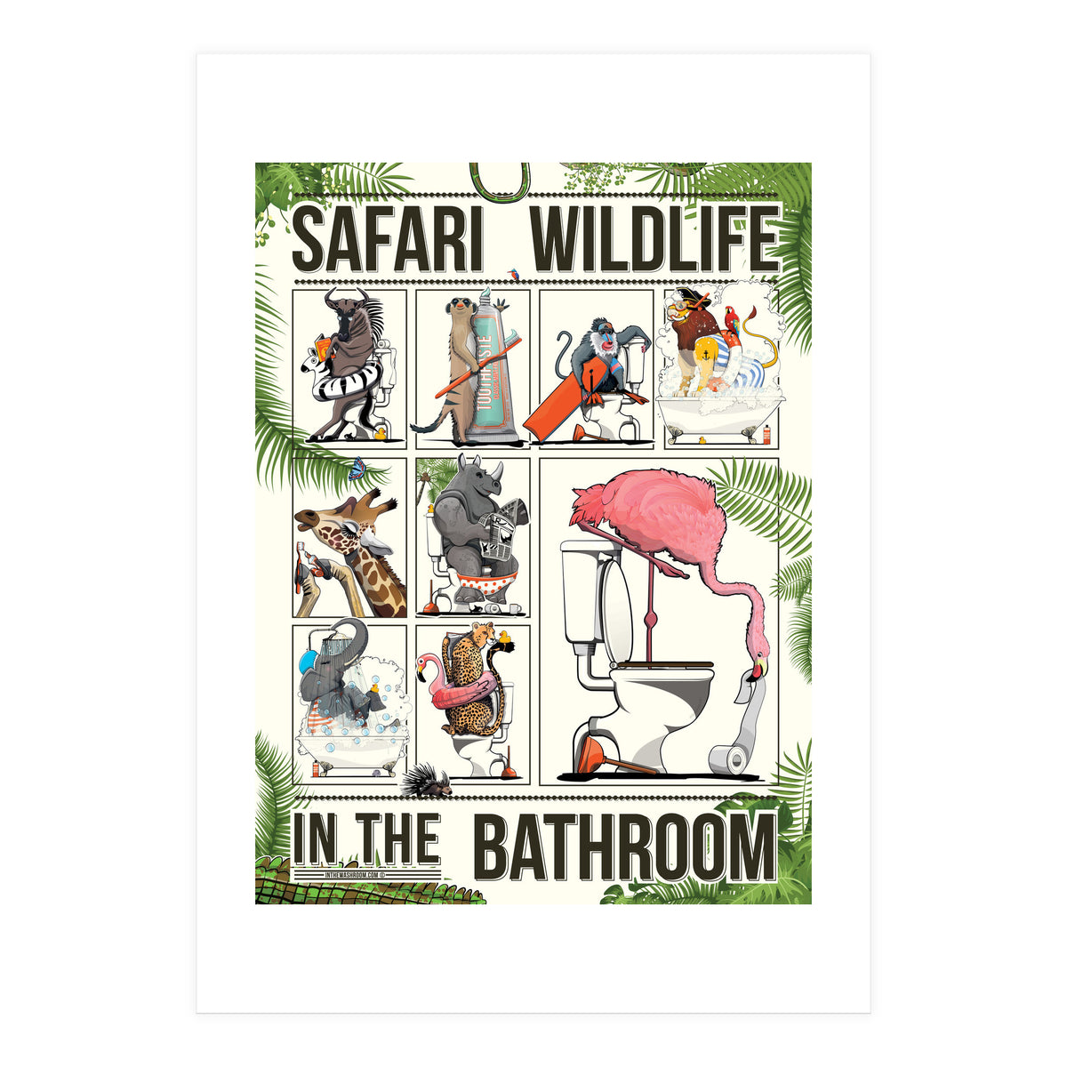 Safari wildlife animals in the bathroom, funny toilet humour.  (Print Only)