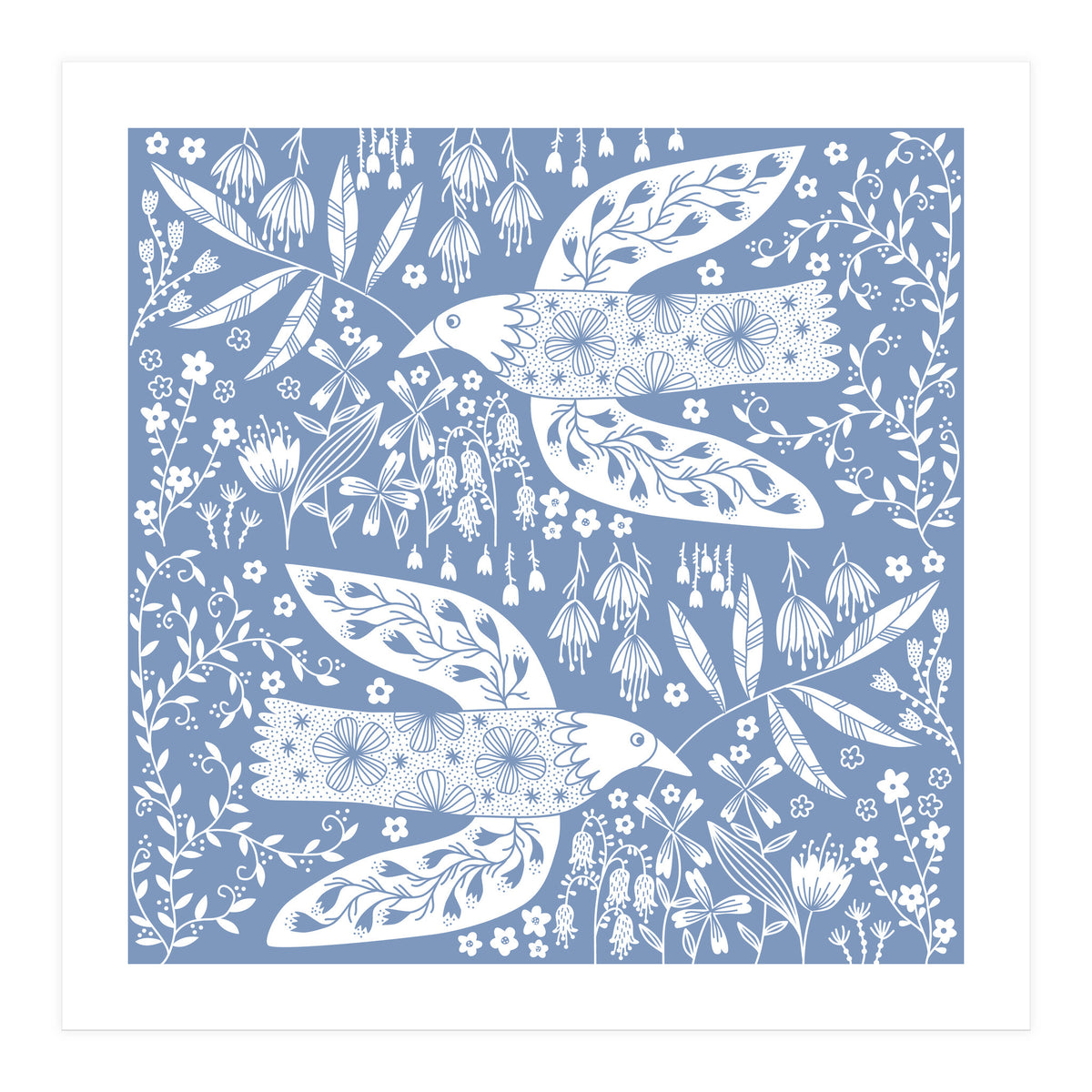 Doves And Flowers White On Blue (Print Only)
