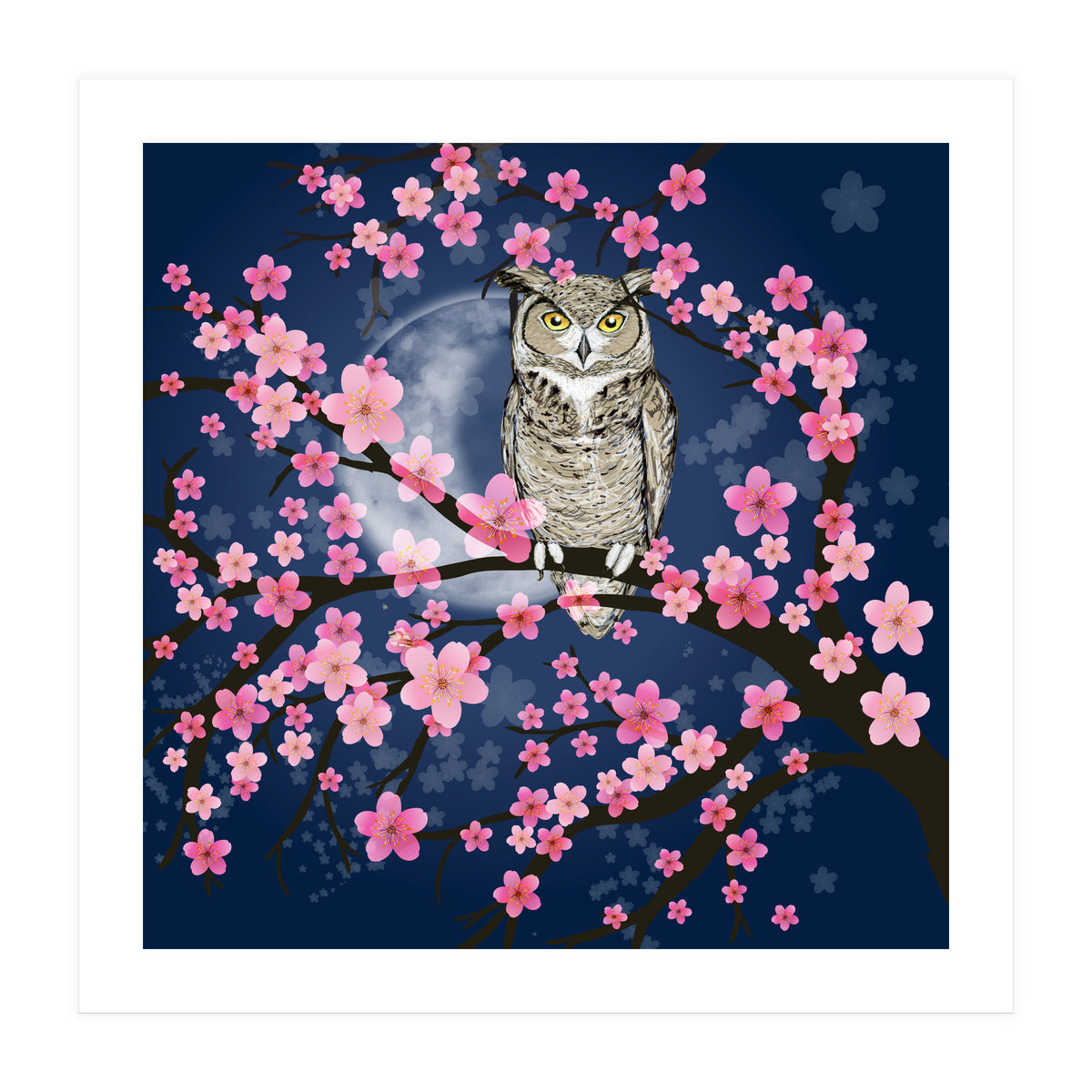 Great horned owl in a blossom tree (Print Only)