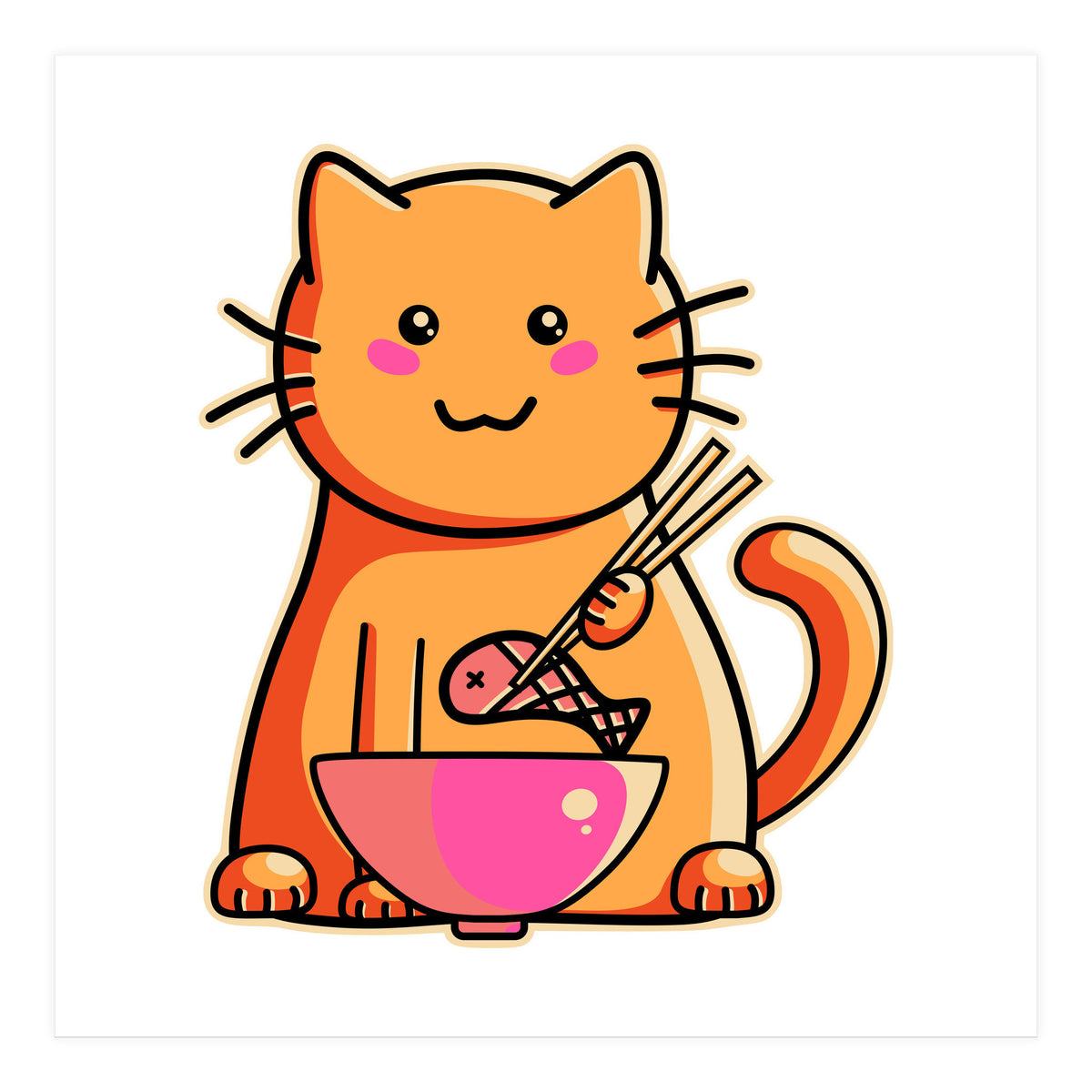 A Cat's Favourite Meal - kawaii cat eating fish with chopsticks (Print Only)