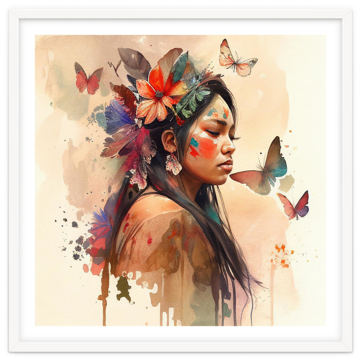 Watercolor Floral Indian Native Woman #8