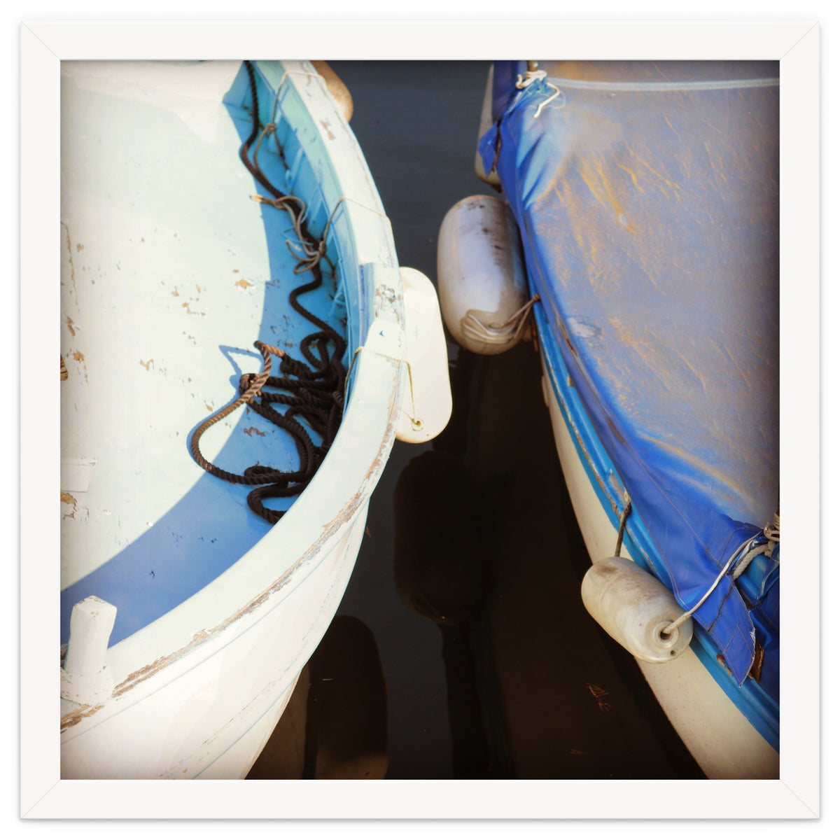 Blue and white wooden fishing boats