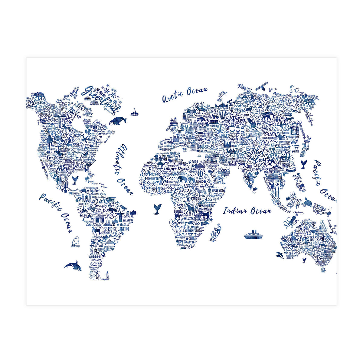 Watercolor World Map in Blue (Print Only)