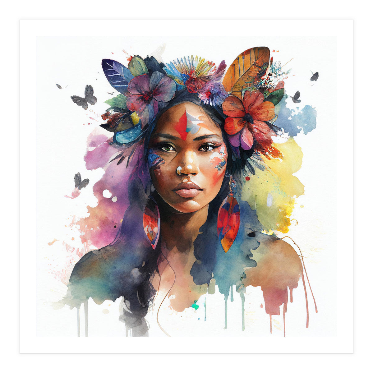 Watercolor Floral Indian Native Woman #1 (Print Only)