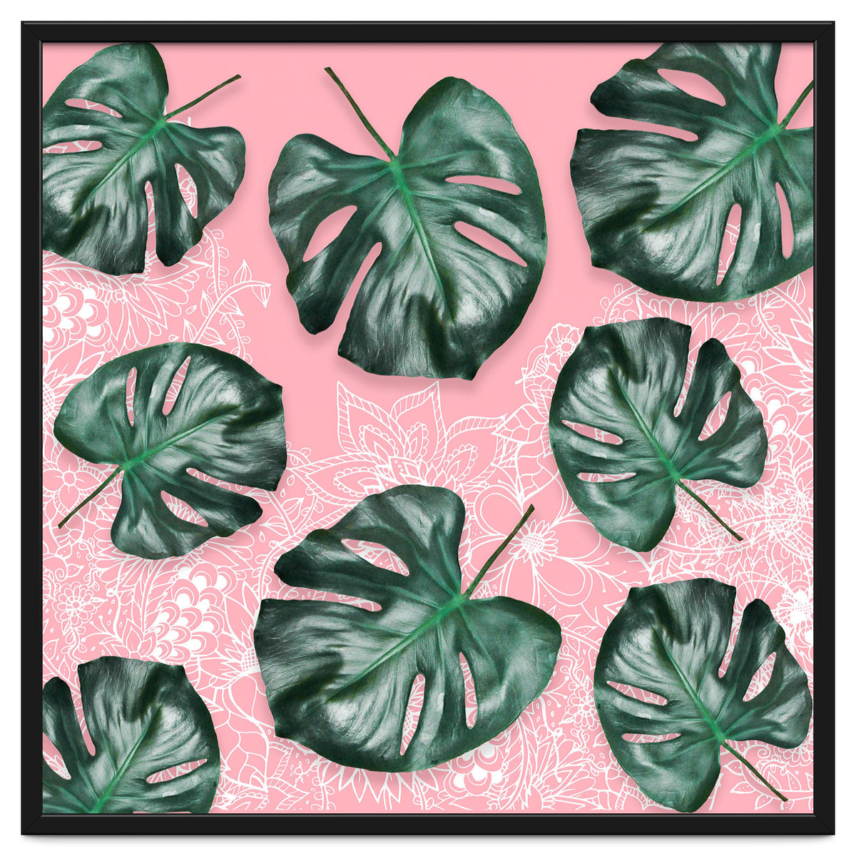 Modern 3d green tropical monstera leaf photo on blush pink white floral illustration
