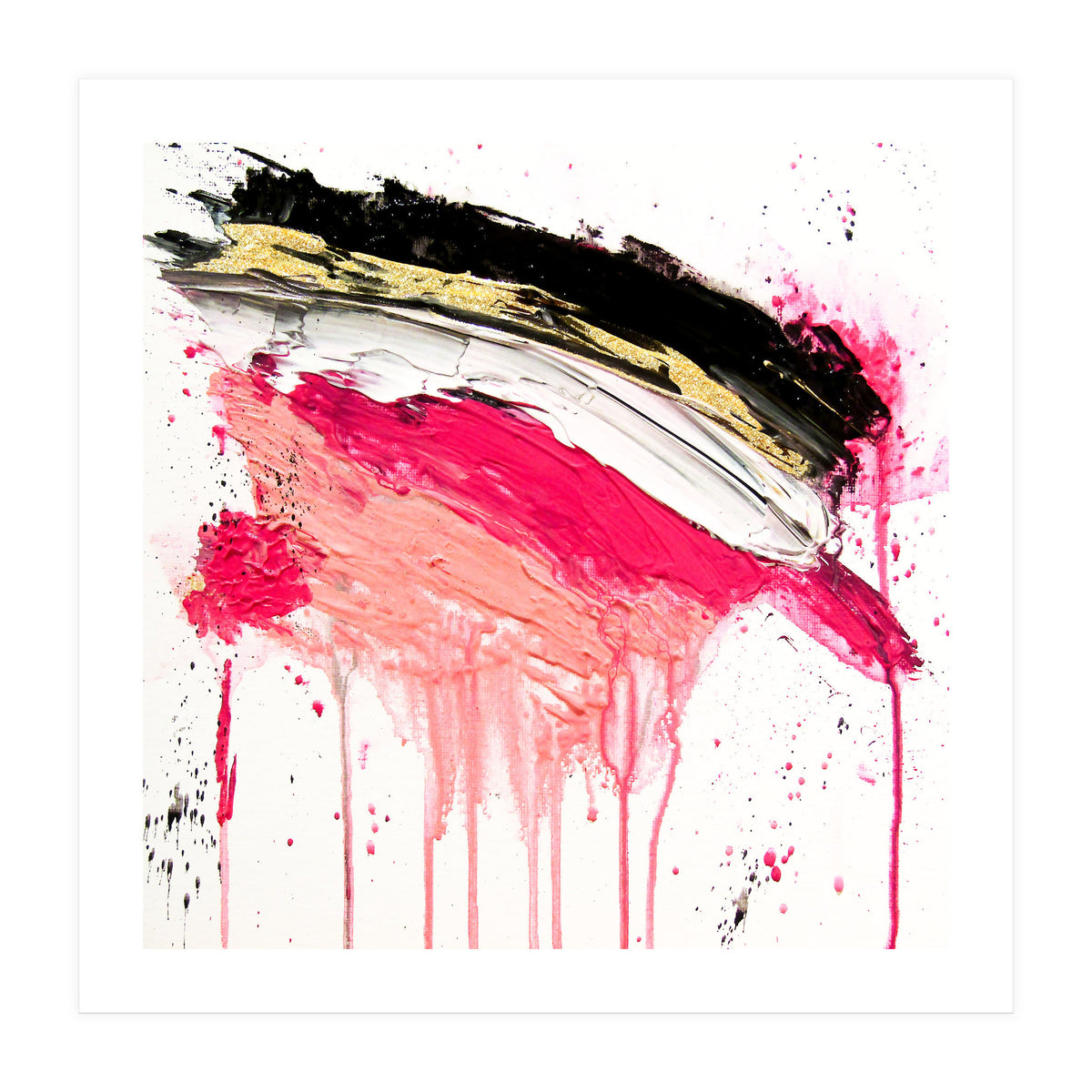 Modern Abstract Pink Black Gold Brushstrokes Splatters Acrylic (Print Only)