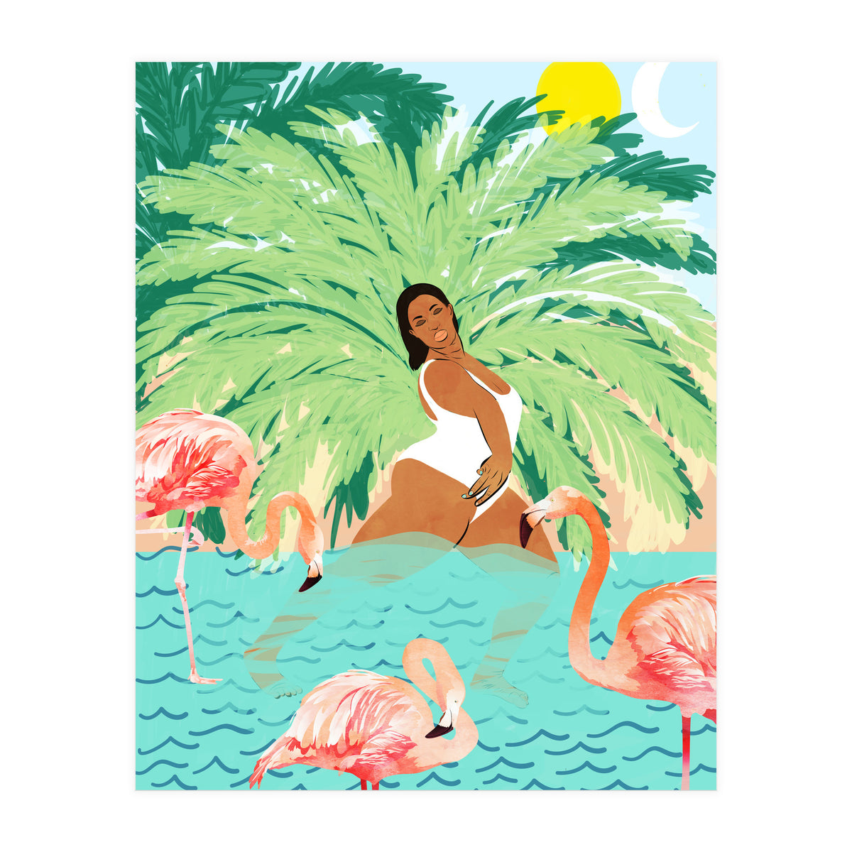 Tropical Summer Water Yoga with Palm & Flamingos | Woman of Color Black Woman Body Positivity (Print Only)
