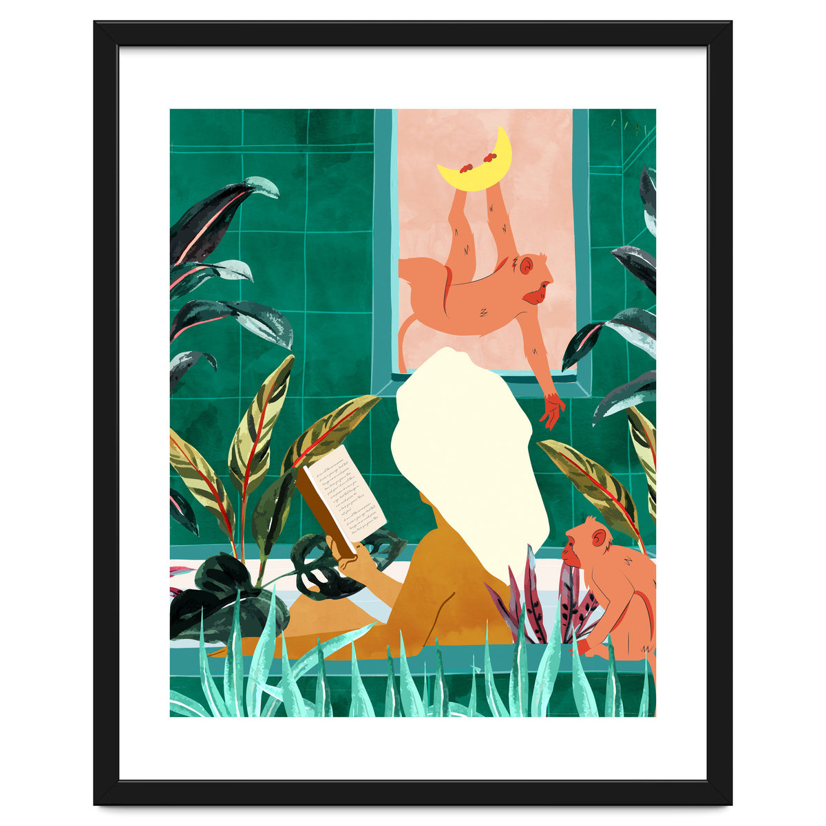 Urban Jungle Bath | Tropical Modern Bohemian Woman Bathtub | Pet Monkey Wild Animals Moon Watercolor