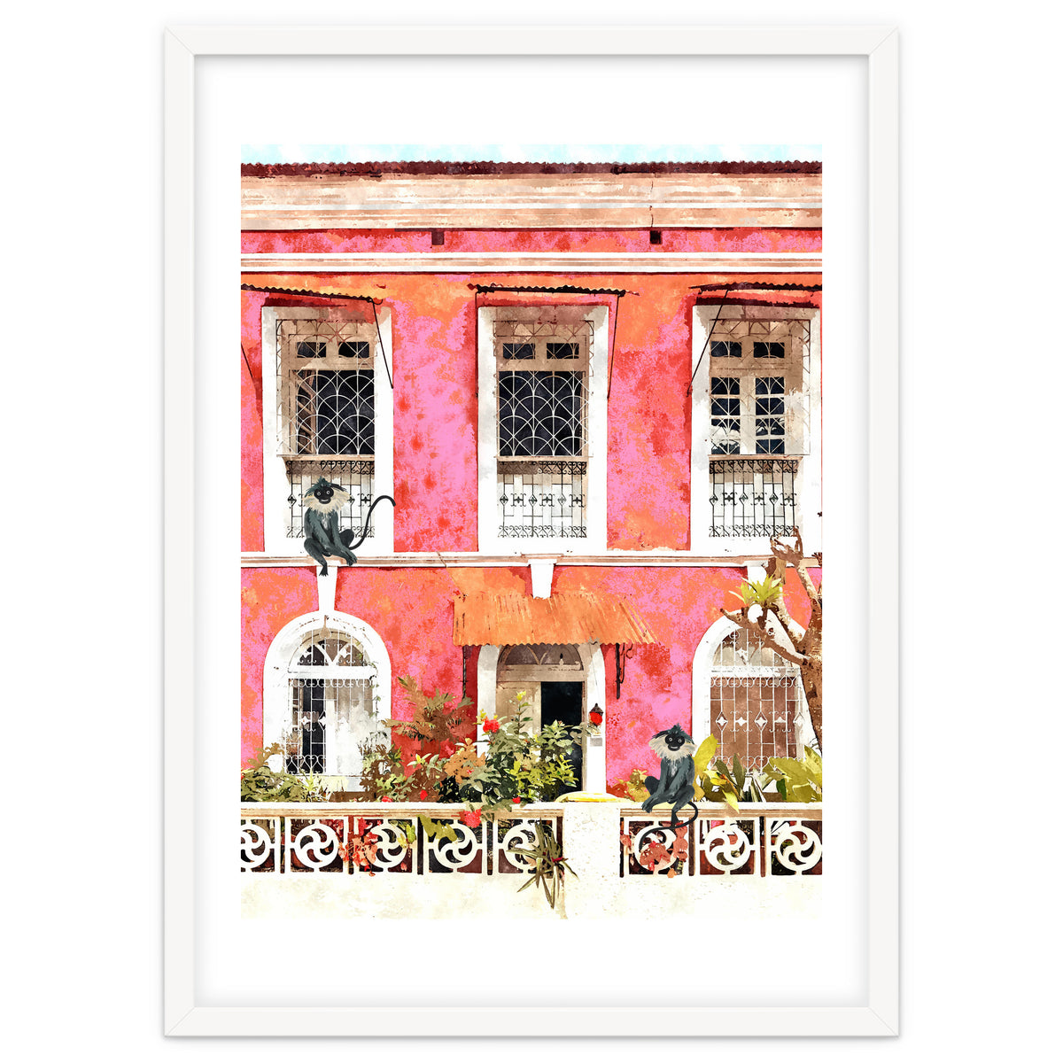 Monkey Business | Watercolor Tropical Goa Architecture Painting | Travel Pastel Pink Blush Building