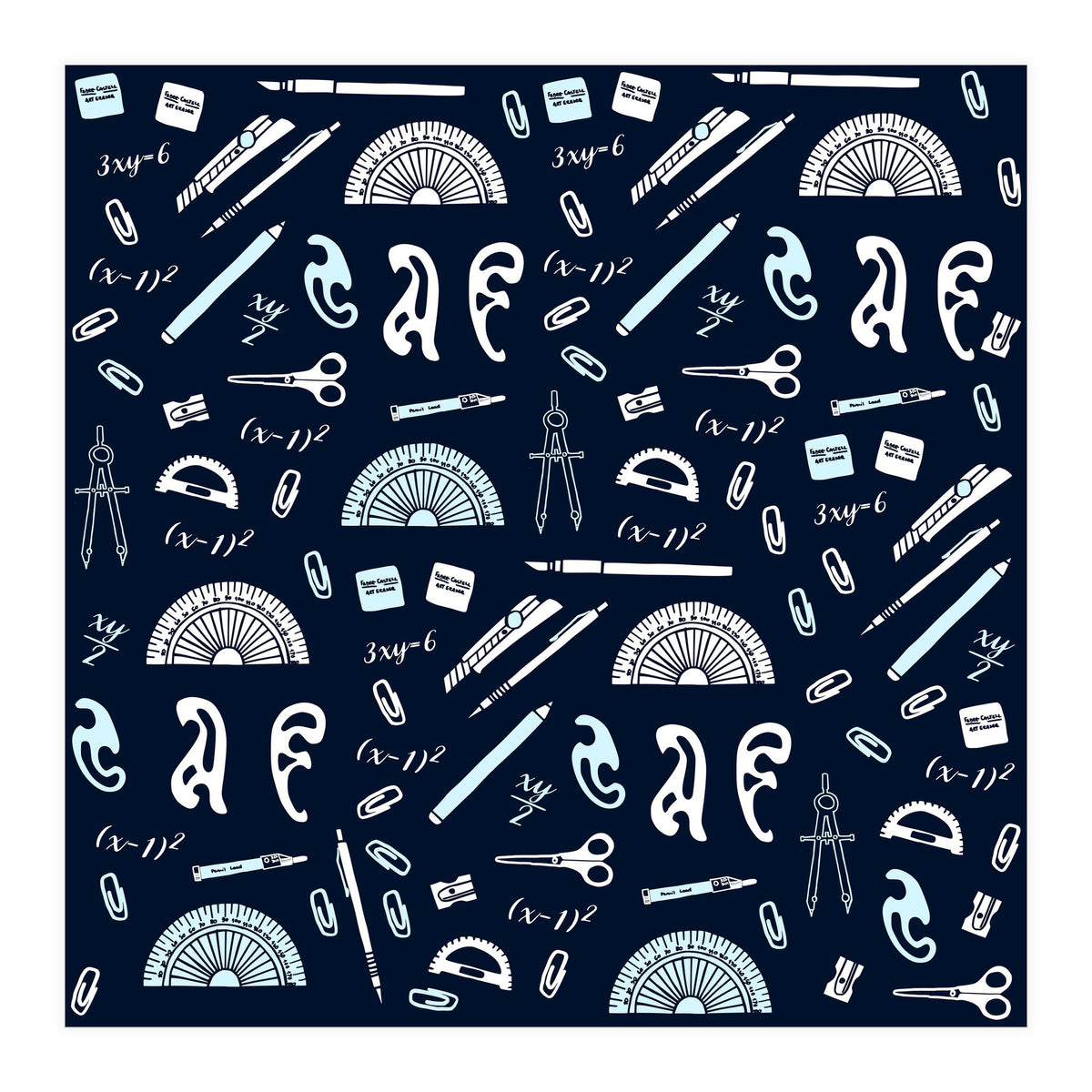 Mathematics and Geometry Pattern with protractors, mechanical pencils and erasers (Print Only)