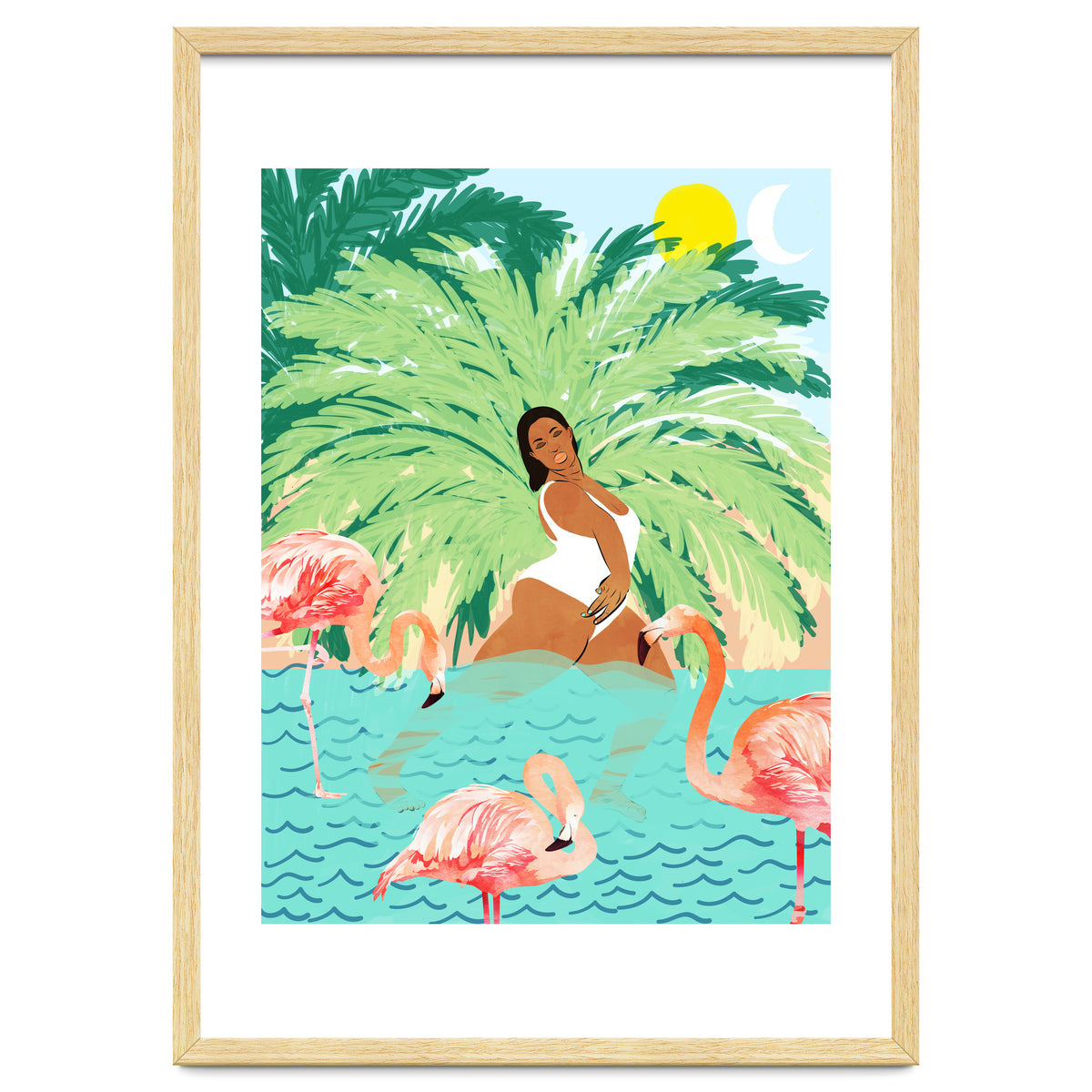 Tropical Summer Water Yoga with Palm & Flamingos | Woman of Color Black Woman Body Positivity