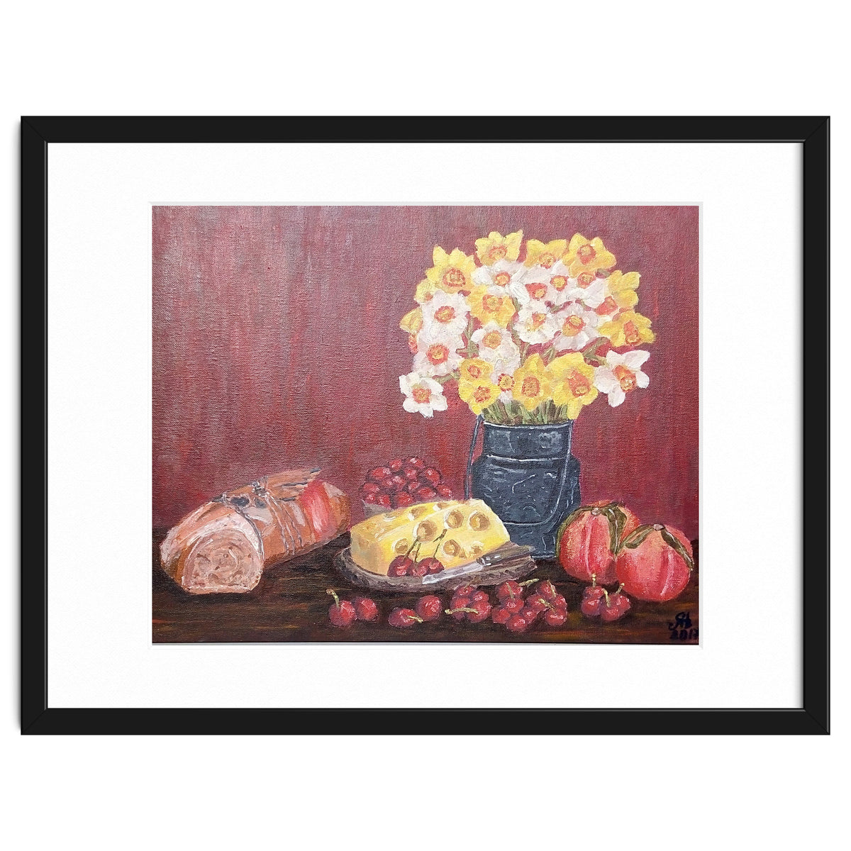 Still life with cheese, daffodils on a red background.