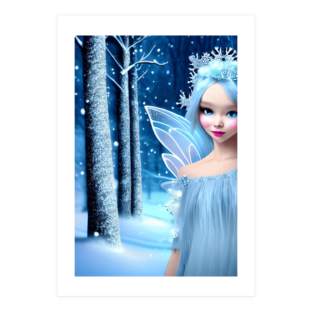 Cute 3d light blue Winter Fairy in the Forest (Print Only)